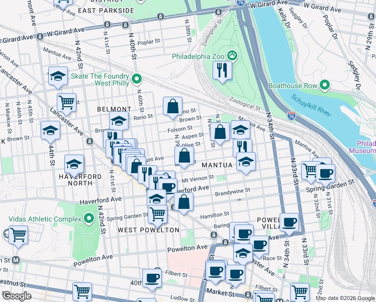 map of restaurants, bars, coffee shops, grocery stores, and more near 3860 Olive Street in Philadelphia