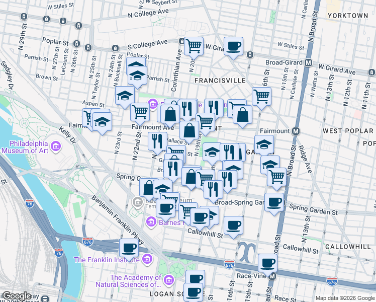 map of restaurants, bars, coffee shops, grocery stores, and more near 1916 Wallace Street in Philadelphia