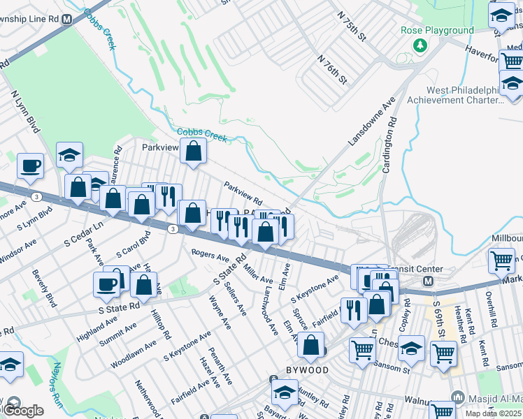 map of restaurants, bars, coffee shops, grocery stores, and more near 115 Ardsley Road in Upper Darby