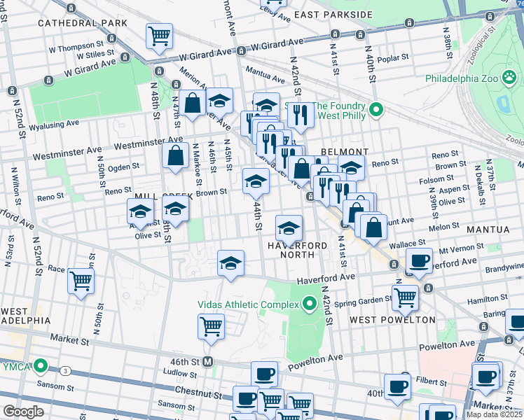 map of restaurants, bars, coffee shops, grocery stores, and more near 745 North 44th Street in Philadelphia