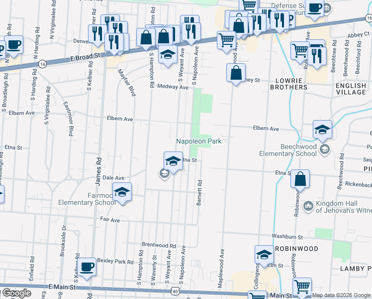 map of restaurants, bars, coffee shops, grocery stores, and more near 327 South Napoleon Avenue in Columbus
