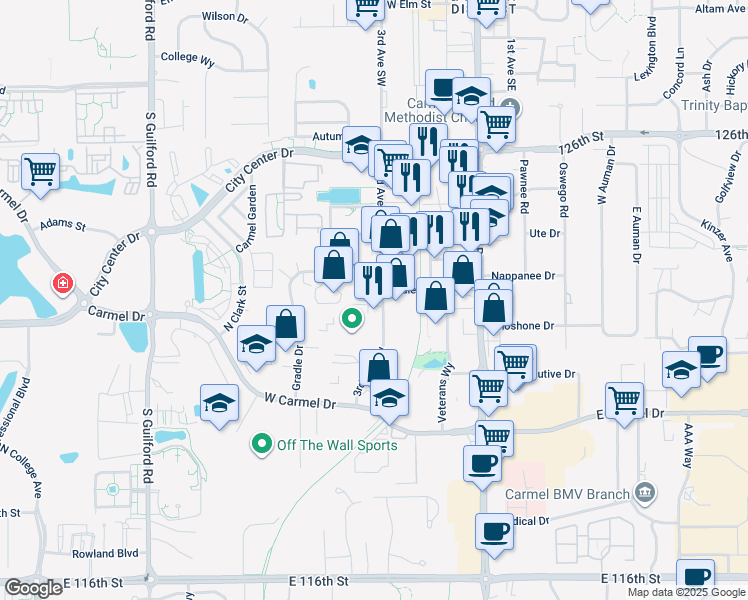map of restaurants, bars, coffee shops, grocery stores, and more near 1016 3rd Avenue Southwest in Carmel