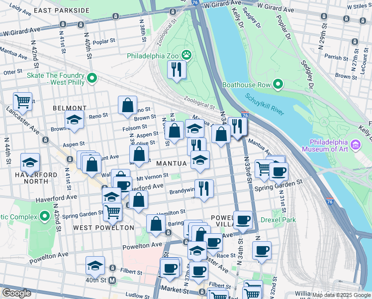 map of restaurants, bars, coffee shops, grocery stores, and more near 3608 Fairmount Avenue in Philadelphia