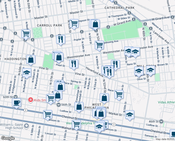 map of restaurants, bars, coffee shops, grocery stores, and more near 5342 Haverford Avenue in Philadelphia