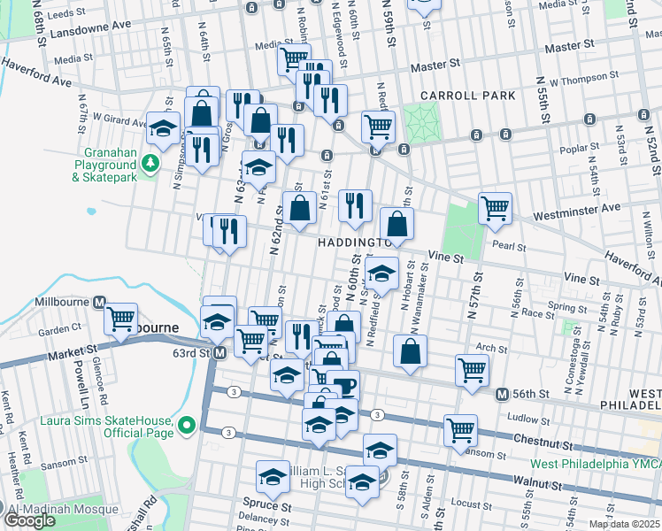 map of restaurants, bars, coffee shops, grocery stores, and more near 220 North Edgewood Street in Philadelphia