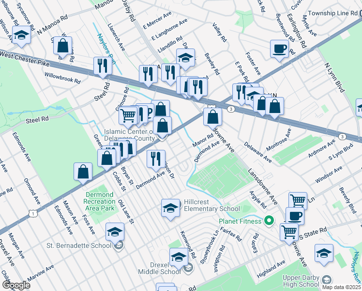 map of restaurants, bars, coffee shops, grocery stores, and more near 1220 Hollywood Avenue in Havertown