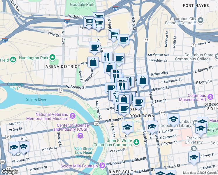map of restaurants, bars, coffee shops, grocery stores, and more near 35 West Spring Street in Columbus