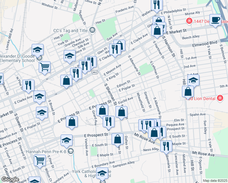 map of restaurants, bars, coffee shops, grocery stores, and more near 817 East Poplar Street in York