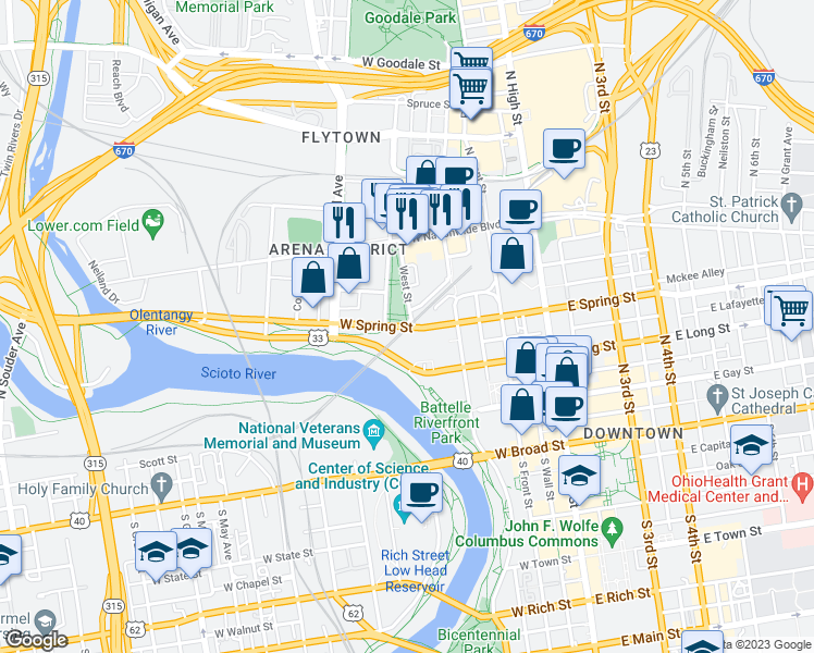 map of restaurants, bars, coffee shops, grocery stores, and more near 200 W Spring St in Columbus