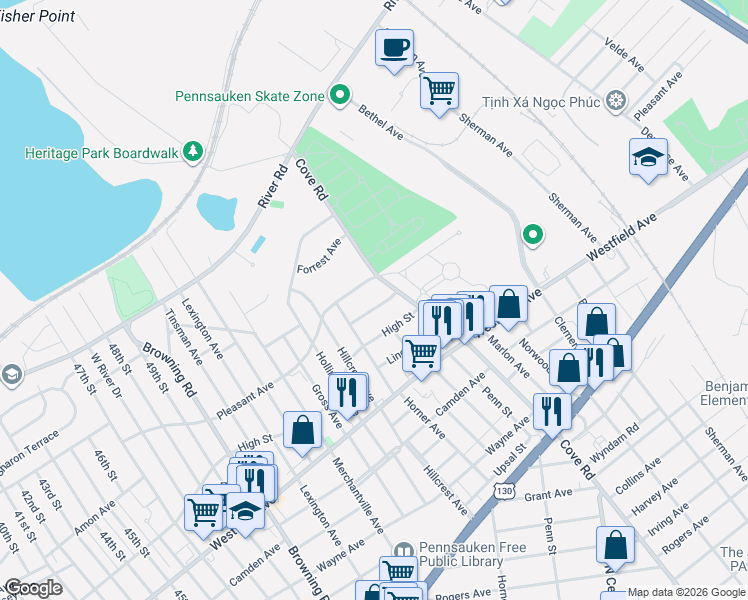 map of restaurants, bars, coffee shops, grocery stores, and more near 6156 Pleasant Avenue in Pennsauken Township