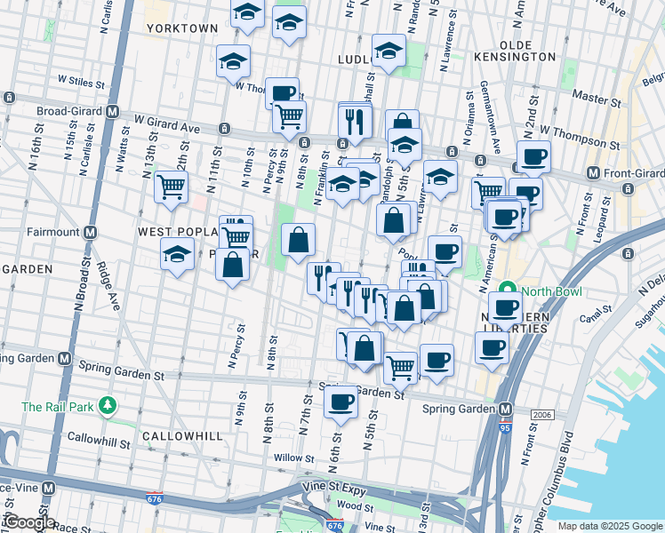 map of restaurants, bars, coffee shops, grocery stores, and more near 827 North 7th Street in Philadelphia