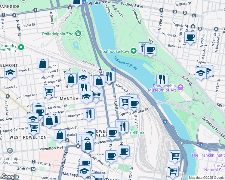 map of restaurants, bars, coffee shops, grocery stores, and more near 662 North 33rd Street in Philadelphia