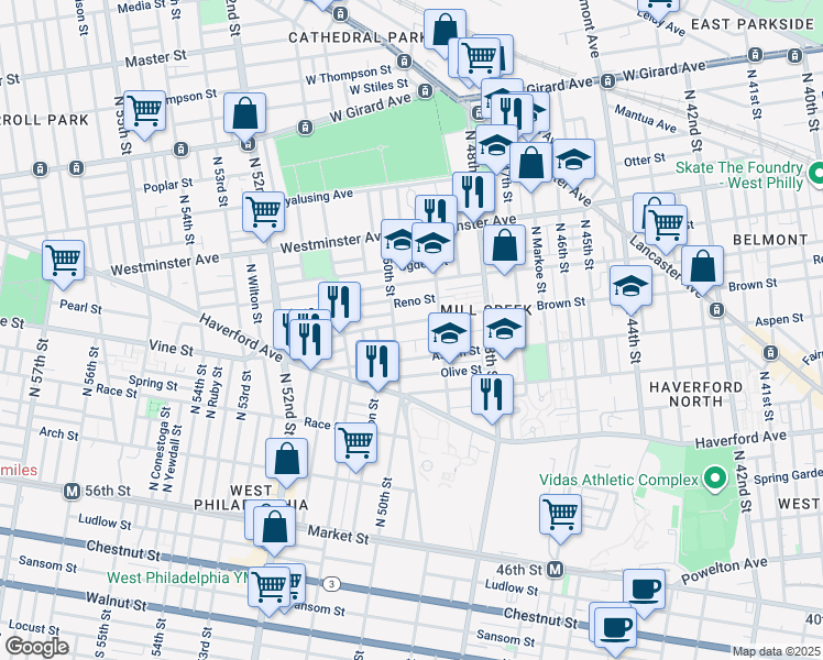 map of restaurants, bars, coffee shops, grocery stores, and more near 4938 Brown Street in Philadelphia