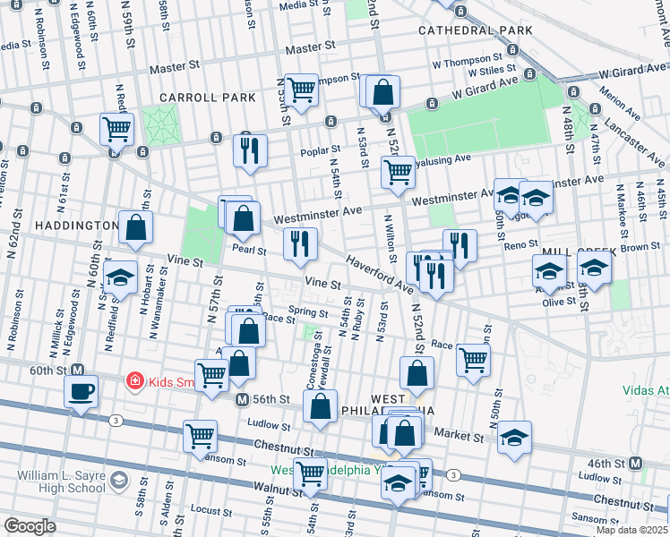 map of restaurants, bars, coffee shops, grocery stores, and more near 5418 Pearl Street in Philadelphia