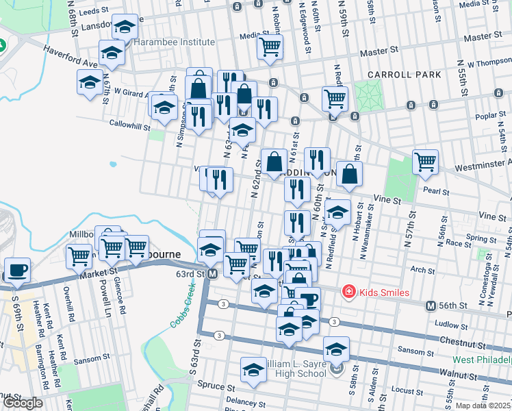 map of restaurants, bars, coffee shops, grocery stores, and more near 207 North 62nd Street in Philadelphia