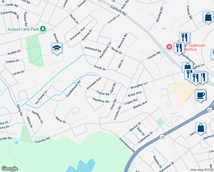 map of restaurants, bars, coffee shops, grocery stores, and more near 2412 Amethyst Road in York