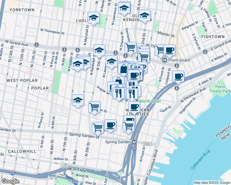 map of restaurants, bars, coffee shops, grocery stores, and more near 915 North Orianna Street in Philadelphia