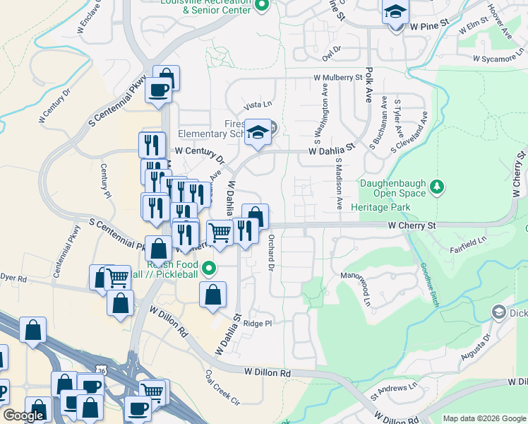 map of restaurants, bars, coffee shops, grocery stores, and more near 851 West Conifer Court in Louisville