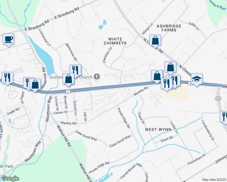 map of restaurants, bars, coffee shops, grocery stores, and more near 142 Summit House in West Chester