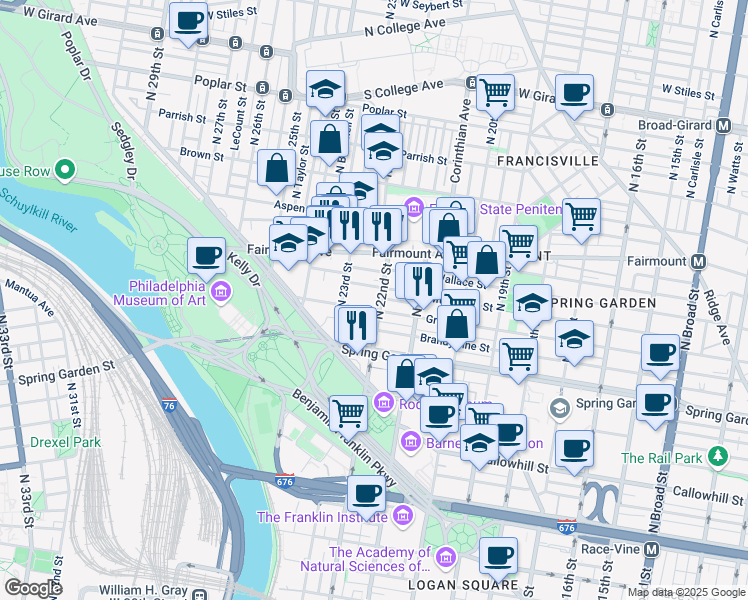 map of restaurants, bars, coffee shops, grocery stores, and more near 2201 Green Street in Philadelphia