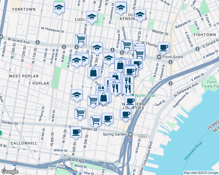 map of restaurants, bars, coffee shops, grocery stores, and more near 912 North Orianna Street in Philadelphia