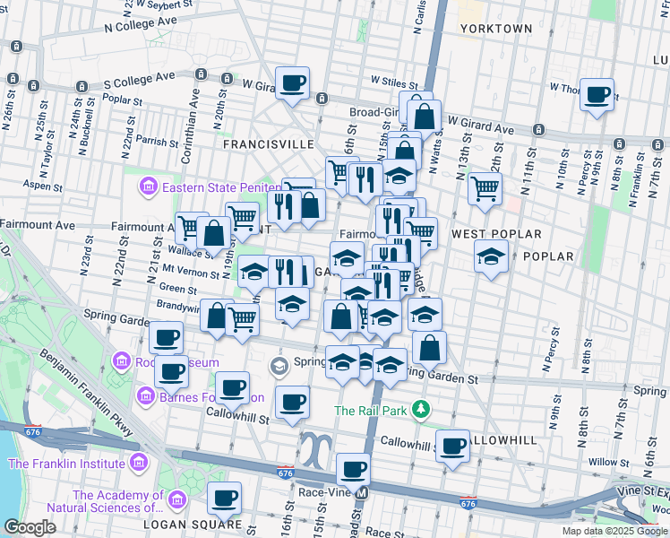 map of restaurants, bars, coffee shops, grocery stores, and more near 629 North 16th Street in Philadelphia