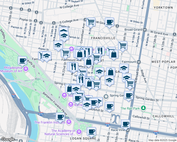 map of restaurants, bars, coffee shops, grocery stores, and more near 1917 Mount Vernon Street in Philadelphia