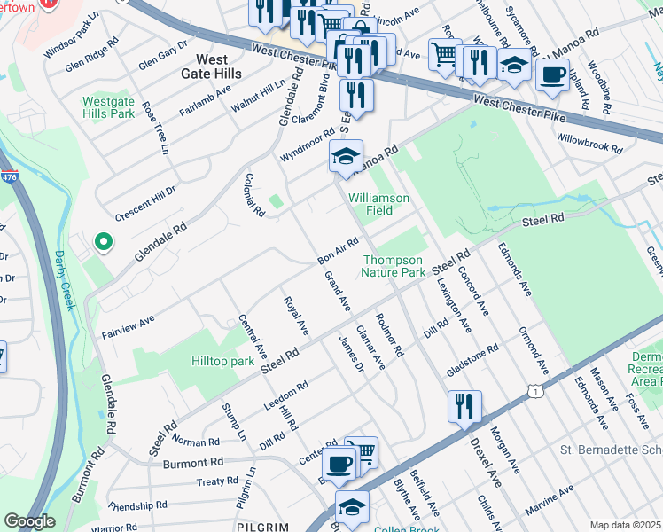 map of restaurants, bars, coffee shops, grocery stores, and more near 555 Grand Avenue in Havertown