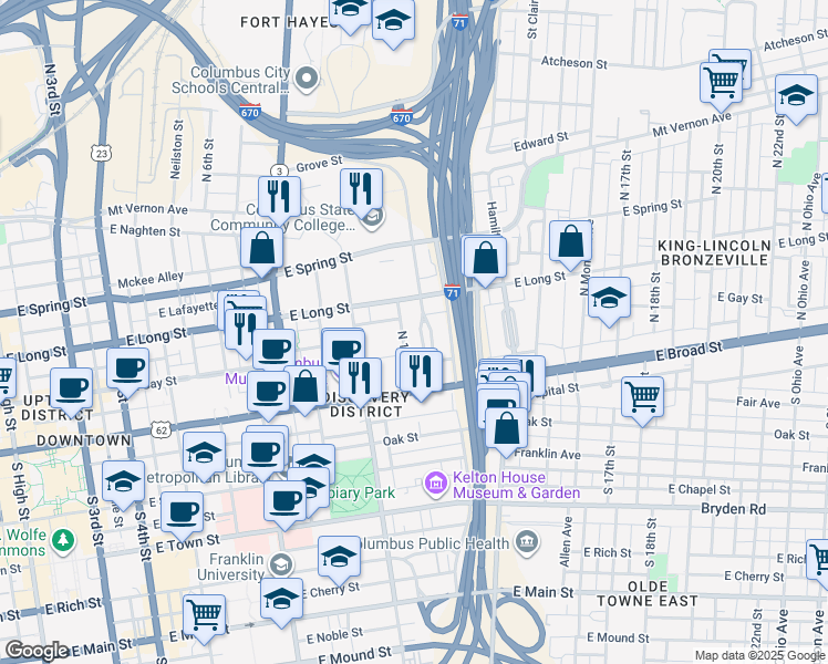 map of restaurants, bars, coffee shops, grocery stores, and more near 77 Jefferson Avenue in Columbus