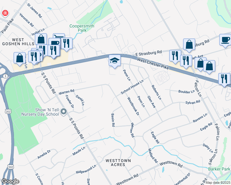 map of restaurants, bars, coffee shops, grocery stores, and more near 309 Warren Road in West Chester