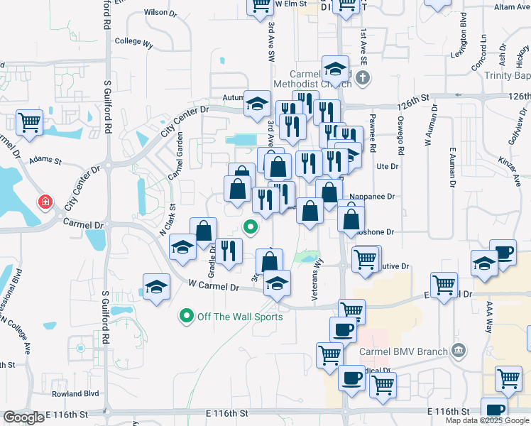 map of restaurants, bars, coffee shops, grocery stores, and more near 1016 3rd Avenue Southwest in Carmel