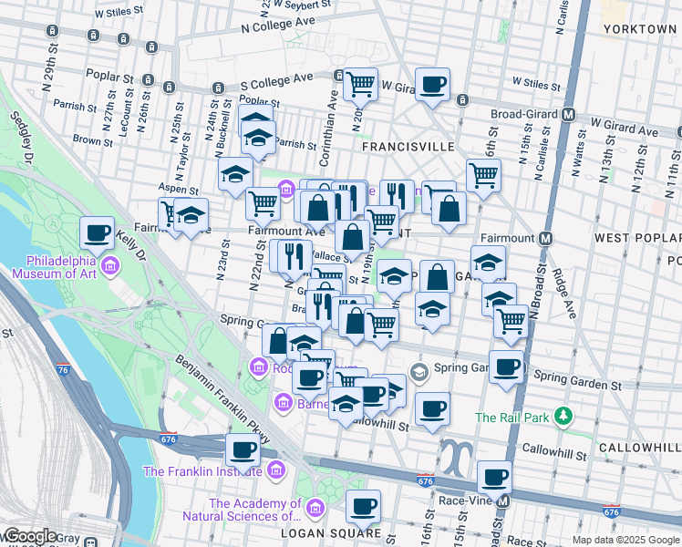 map of restaurants, bars, coffee shops, grocery stores, and more near 1931 Mount Vernon Street in Philadelphia