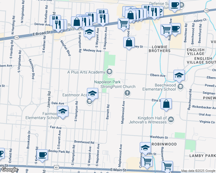 map of restaurants, bars, coffee shops, grocery stores, and more near 328 Barnett Road in Columbus