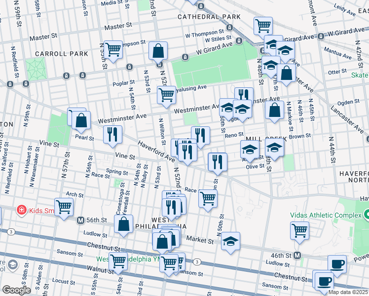 map of restaurants, bars, coffee shops, grocery stores, and more near 5152 Funston Street in Philadelphia
