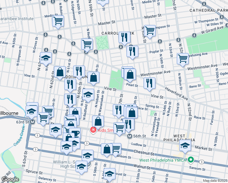 map of restaurants, bars, coffee shops, grocery stores, and more near 5726 Vine Street in Philadelphia