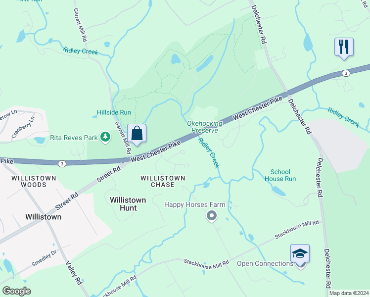 map of restaurants, bars, coffee shops, grocery stores, and more near 2204 Woodside Lane in Newtown Square