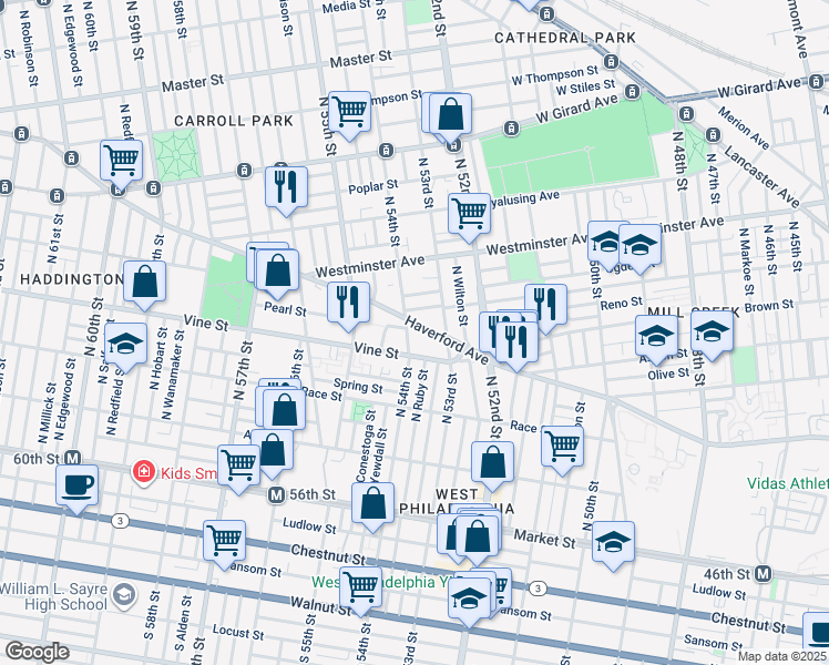 map of restaurants, bars, coffee shops, grocery stores, and more near 5342 Haverford Avenue in Philadelphia