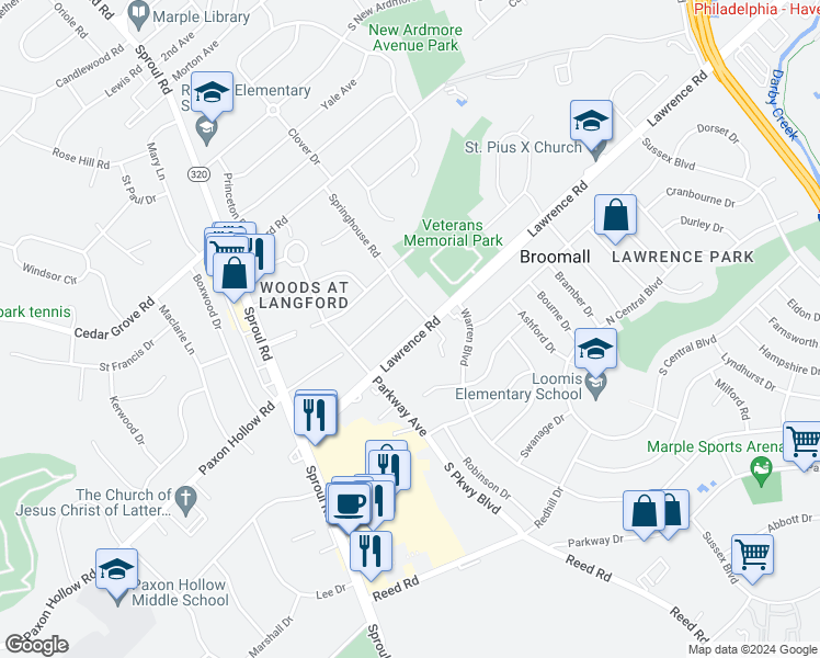 map of restaurants, bars, coffee shops, grocery stores, and more near 476 Lawrence Road in Broomall