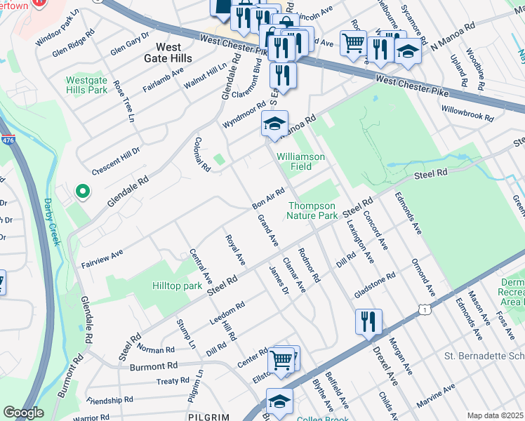 map of restaurants, bars, coffee shops, grocery stores, and more near 555 Grand Avenue in Havertown