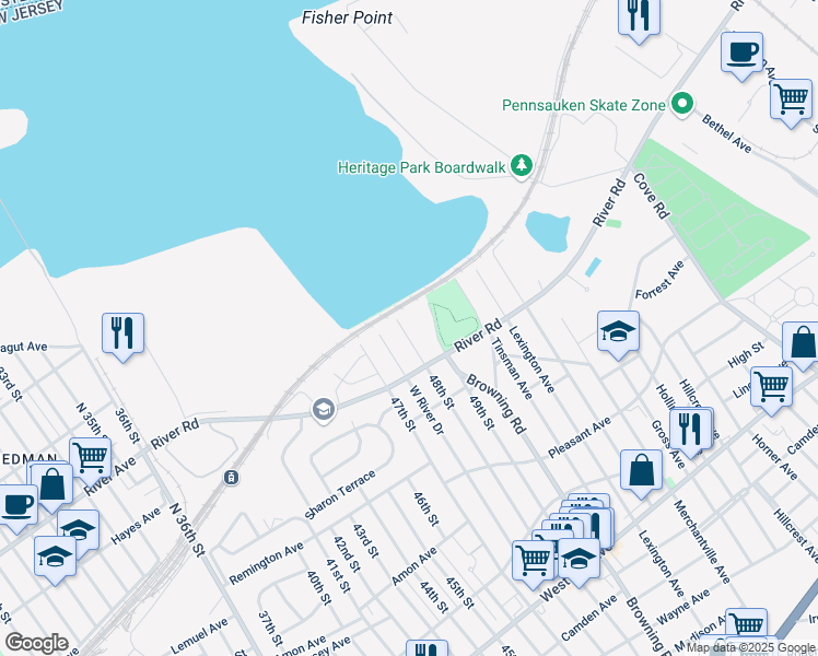 map of restaurants, bars, coffee shops, grocery stores, and more near 420 48th Street in Pennsauken Township