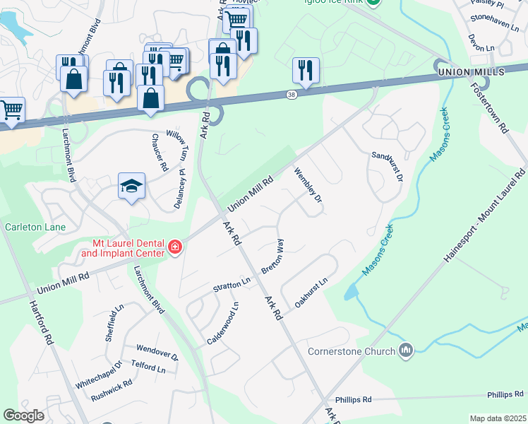 map of restaurants, bars, coffee shops, grocery stores, and more near 10 Warwick Court in Mount Laurel