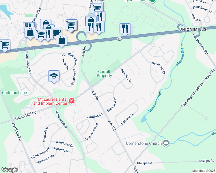 map of restaurants, bars, coffee shops, grocery stores, and more near 10 Warwick Court in Mount Laurel