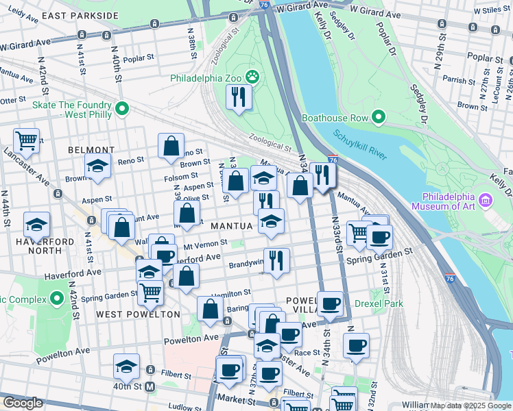 map of restaurants, bars, coffee shops, grocery stores, and more near 3600 Fairmount Avenue in Philadelphia