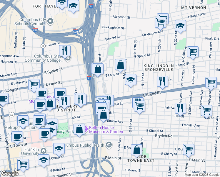 map of restaurants, bars, coffee shops, grocery stores, and more near 53 North Garfield Avenue in Columbus