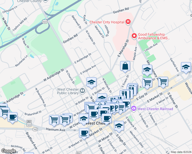 map of restaurants, bars, coffee shops, grocery stores, and more near 141 Marshall Street in West Chester