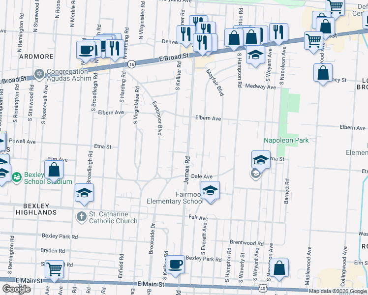 map of restaurants, bars, coffee shops, grocery stores, and more near 264 South James Road in Columbus