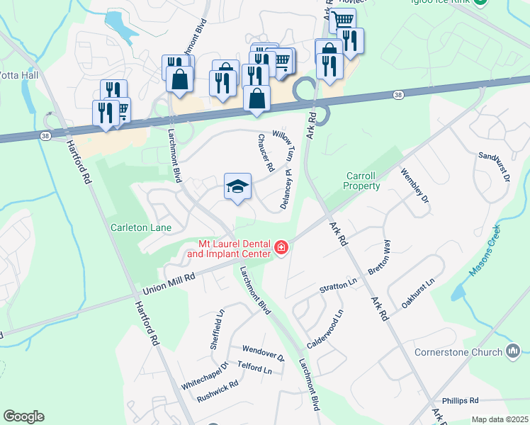 map of restaurants, bars, coffee shops, grocery stores, and more near 390B Delancey Place in Mount Laurel Township