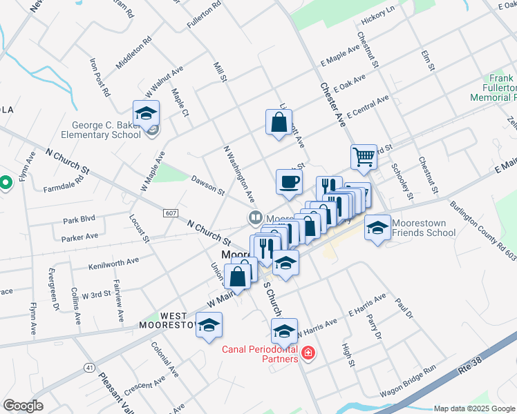 map of restaurants, bars, coffee shops, grocery stores, and more near 301 Dawson Street in Moorestown