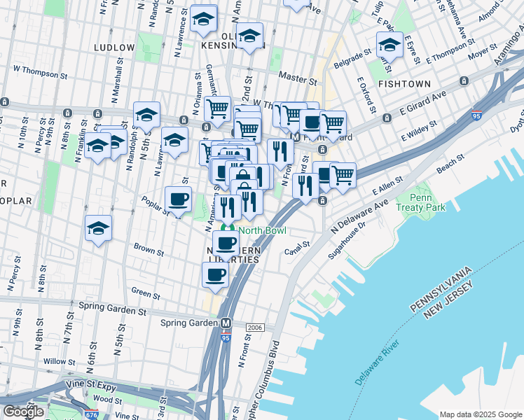 map of restaurants, bars, coffee shops, grocery stores, and more near 1019 Germantown Avenue in Philadelphia