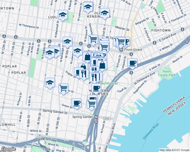 map of restaurants, bars, coffee shops, grocery stores, and more near 957 North American Street in Philadelphia